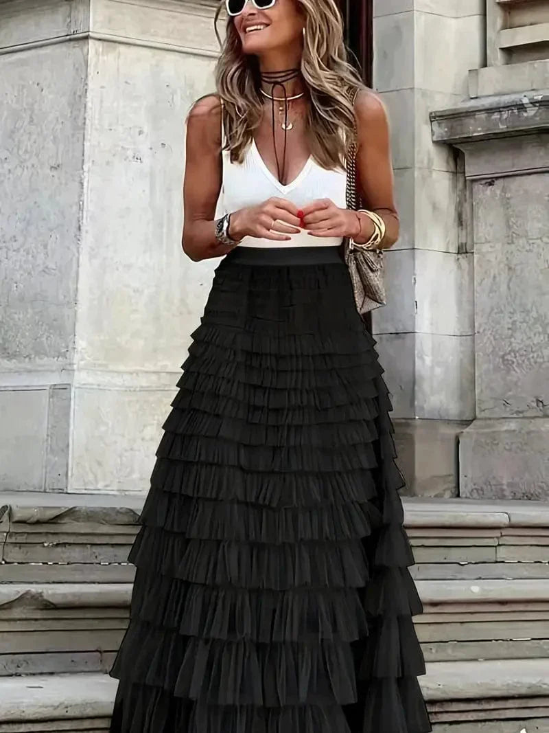 MsDressly Maxi Dresses Boho Solid Mesh Layered Hem High Waist Maxi Dress