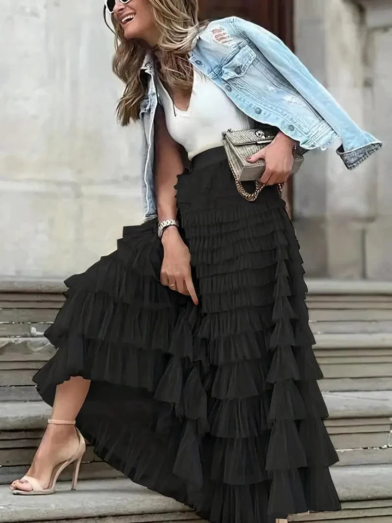 MsDressly Maxi Dresses Boho Solid Mesh Layered Hem High Waist Maxi Dress