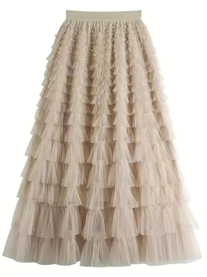 MsDressly Maxi Dresses Boho Solid Mesh Layered Hem High Waist Maxi Dress