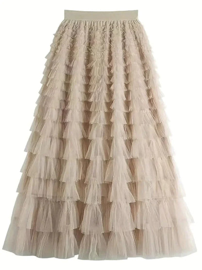 MsDressly Maxi Dresses Boho Solid Mesh Layered Hem High Waist Maxi Dress