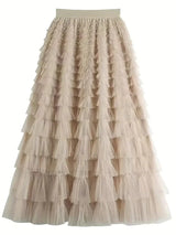 MsDressly Maxi Dresses Boho Solid Mesh Layered Hem High Waist Maxi Dress