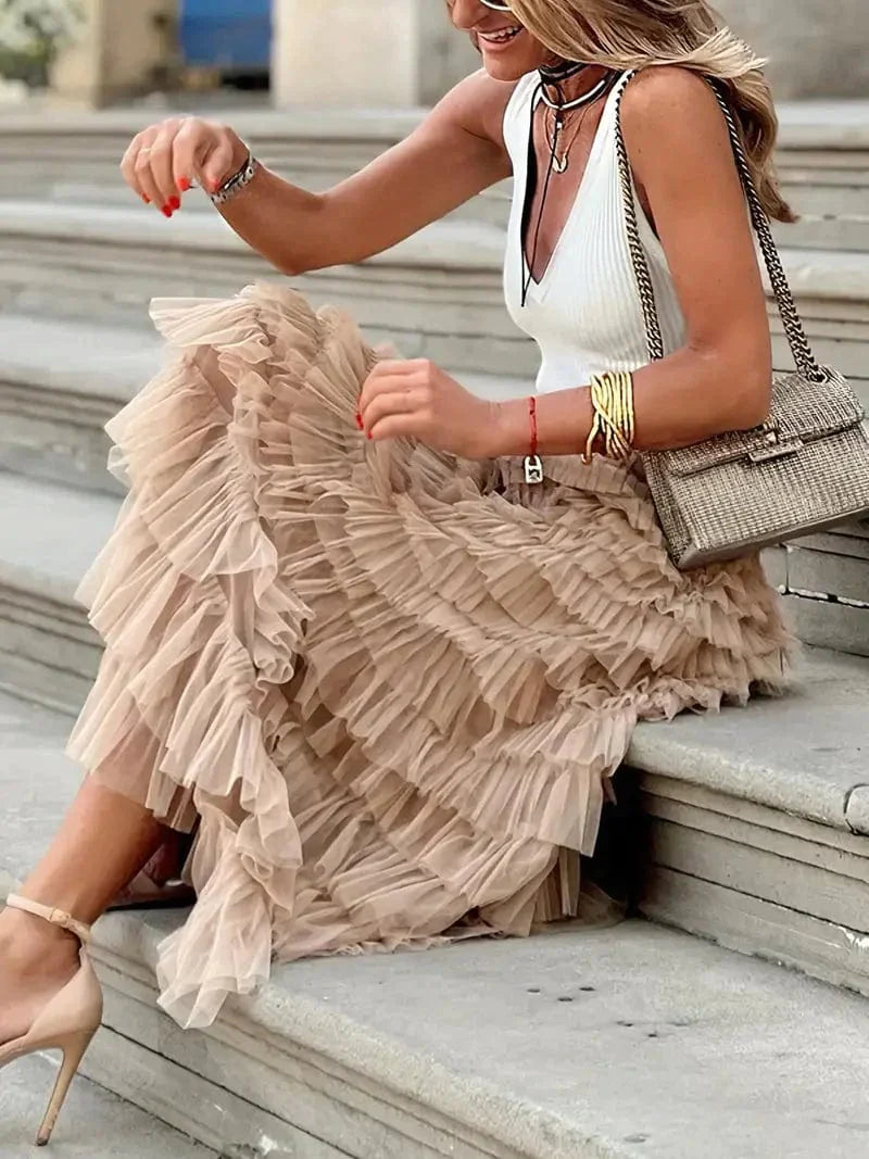 MsDressly Maxi Dresses Boho Solid Mesh Layered Hem High Waist Maxi Dress