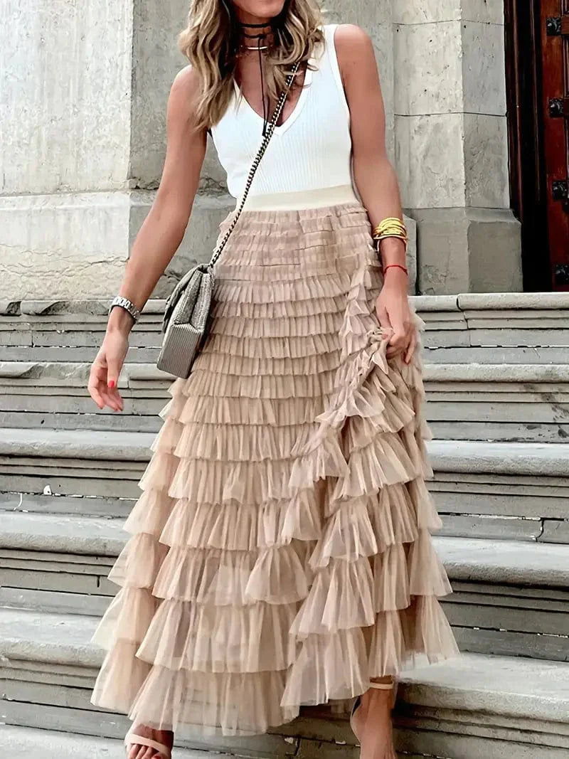 MsDressly Maxi Dresses Boho Solid Mesh Layered Hem High Waist Maxi Dress DRE231012118BEIS(4)