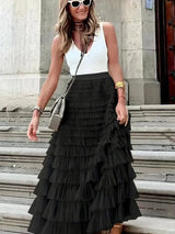 MsDressly Maxi Dresses Boho Solid Mesh Layered Hem High Waist Maxi Dress DRE231012118BLAS(4)
