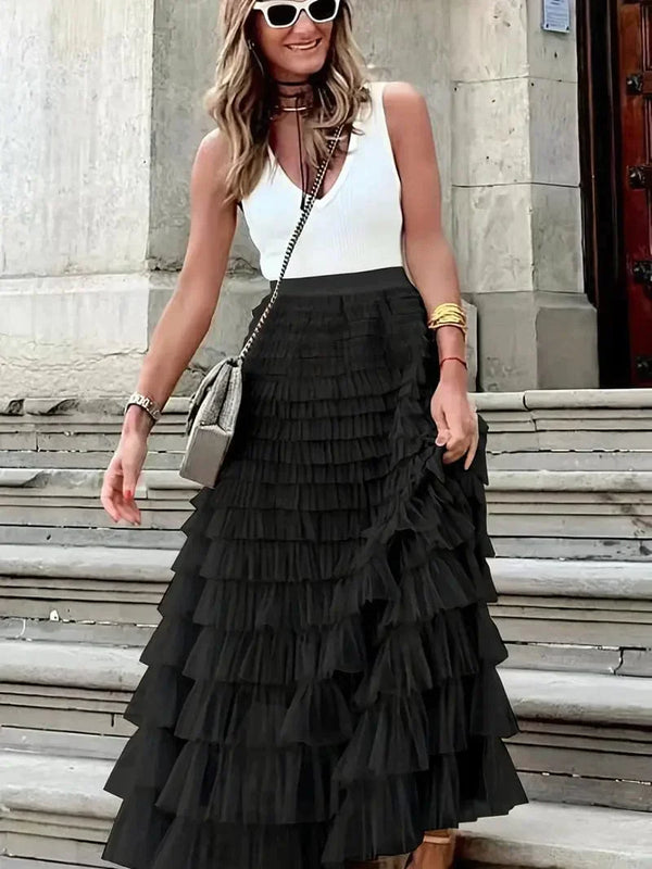 MsDressly Maxi Dresses Boho Solid Mesh Layered Hem High Waist Maxi Dress DRE231012118BLAS(4)