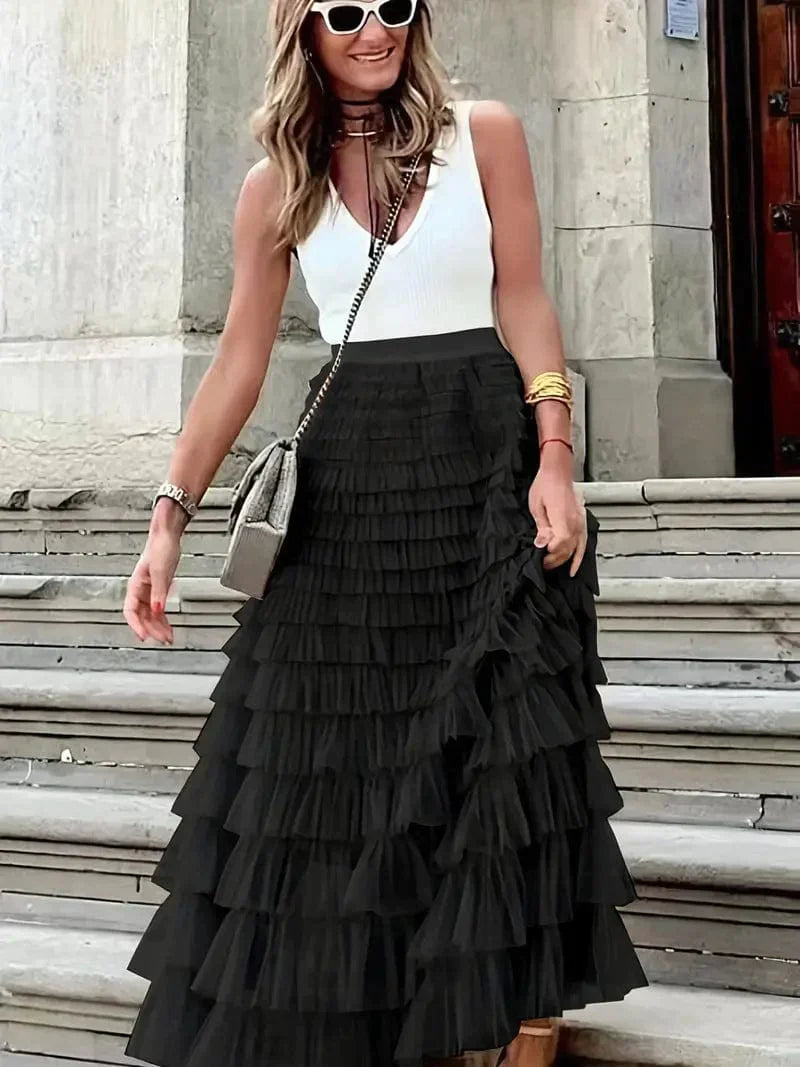 MsDressly Maxi Dresses Boho Solid Mesh Layered Hem High Waist Maxi Dress DRE231012118BLAS(4)