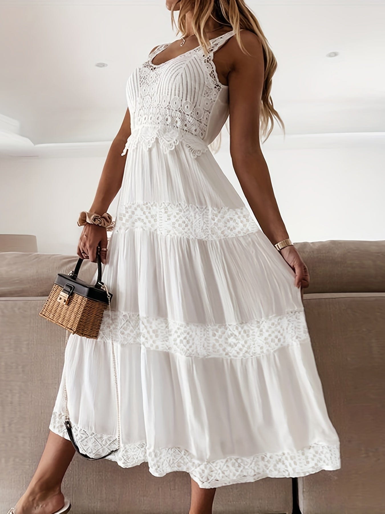 MsDressly Maxi Dresses Contrast Lace Sleeveless Crew Neck Bridesmaid Maxi Dress