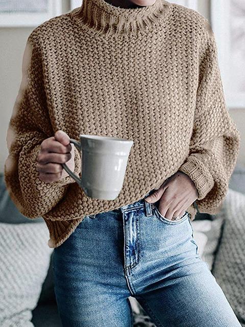 Amsoin Solid Color Turtleneck Knitted Sweater