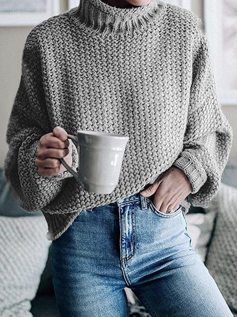 Amsoin Solid Color Turtleneck Knitted Sweater