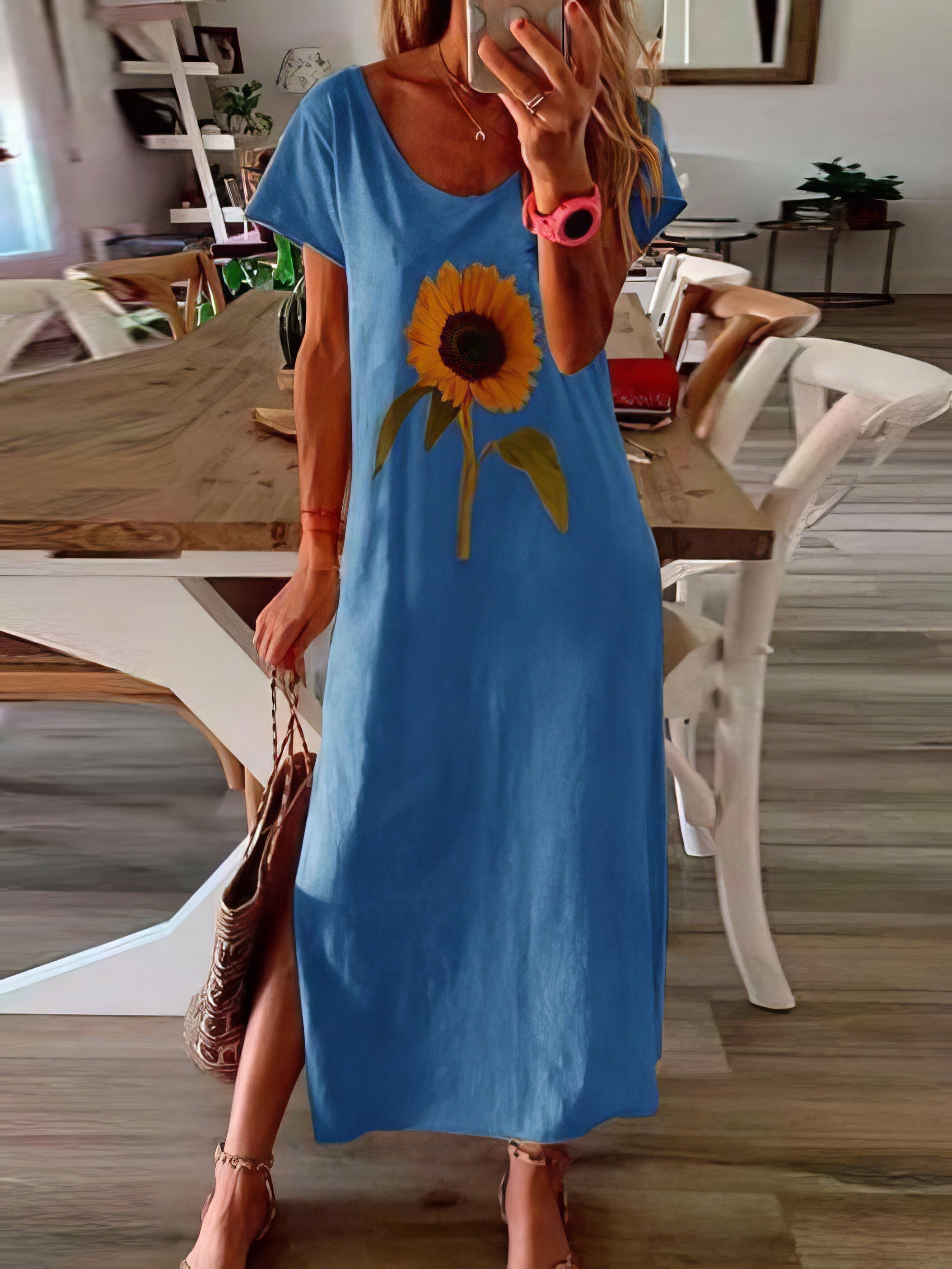 Maxi Dresses - Sunflower Print Short-sleeved Slit Dress - MsDressly