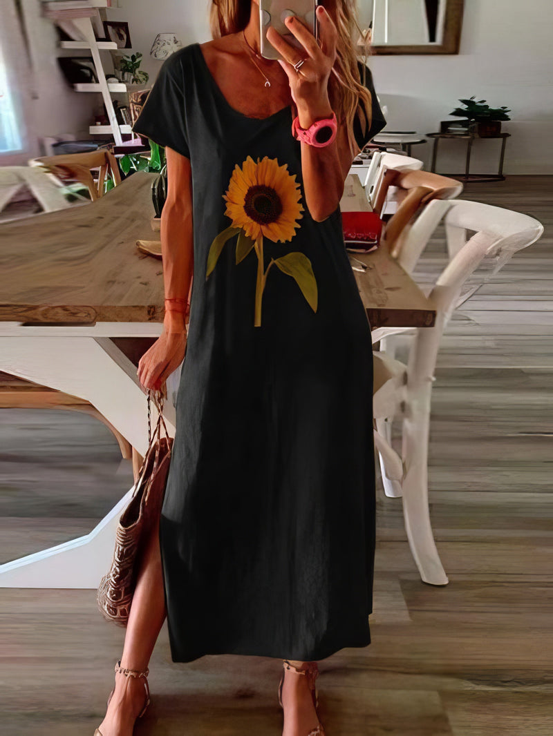 Maxi Dresses - Sunflower Print Short-sleeved Slit Dress - MsDressly