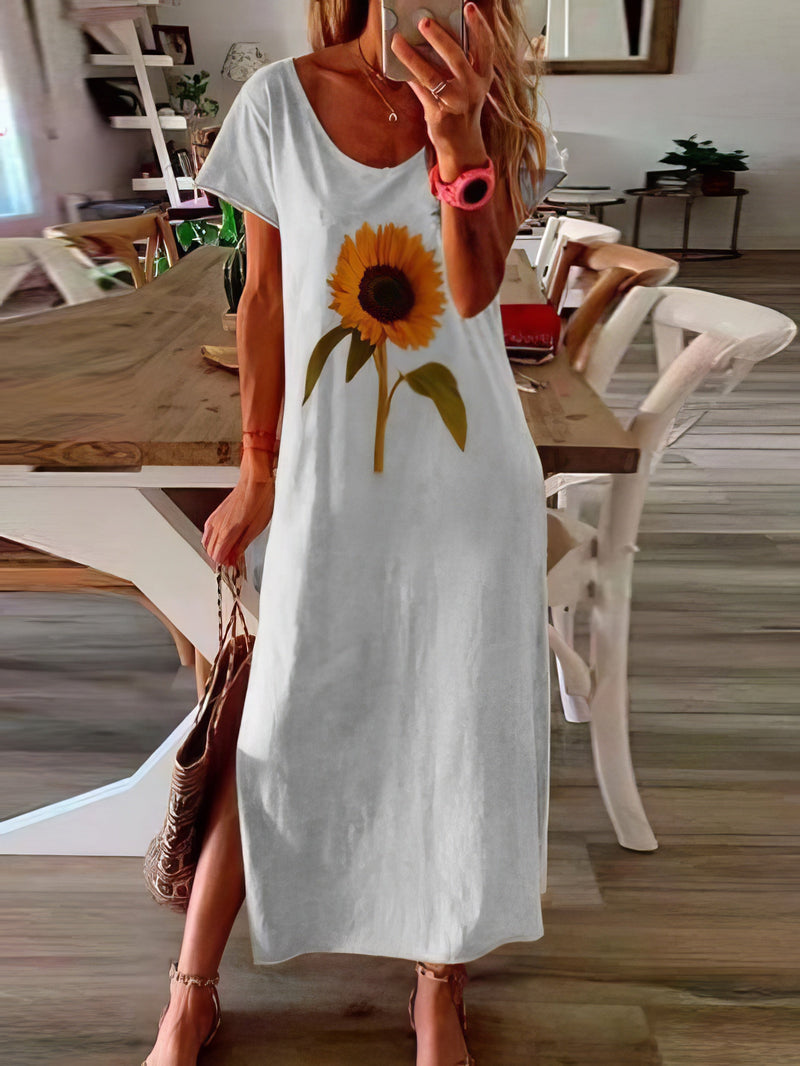Maxi Dresses - Sunflower Print Short-sleeved Slit Dress - MsDressly