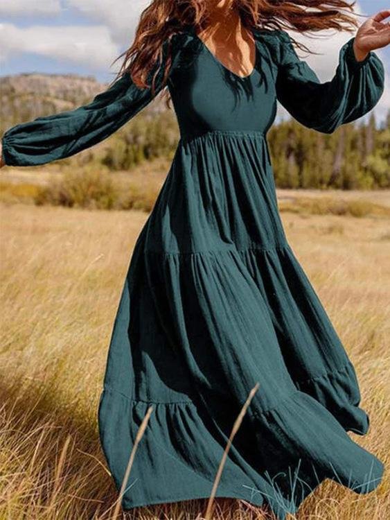 Temperament V-Neck Long Sleeve Flowy Dress - Maxi Dresses - INS | Online Fashion Free Shipping Clothing, Dresses, Tops, Shoes - 20-30 - 21/07/2021 - Category_Maxi Dresses
