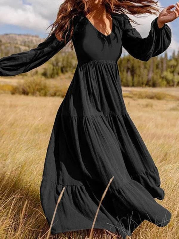 Temperament V-Neck Long Sleeve Flowy Dress - Maxi Dresses - INS | Online Fashion Free Shipping Clothing, Dresses, Tops, Shoes - 20-30 - 21/07/2021 - Category_Maxi Dresses