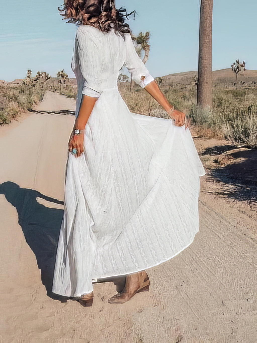 Maxi Dresses - V-neck Mid-sleeve Buttoned Beach Dress - MsDressly