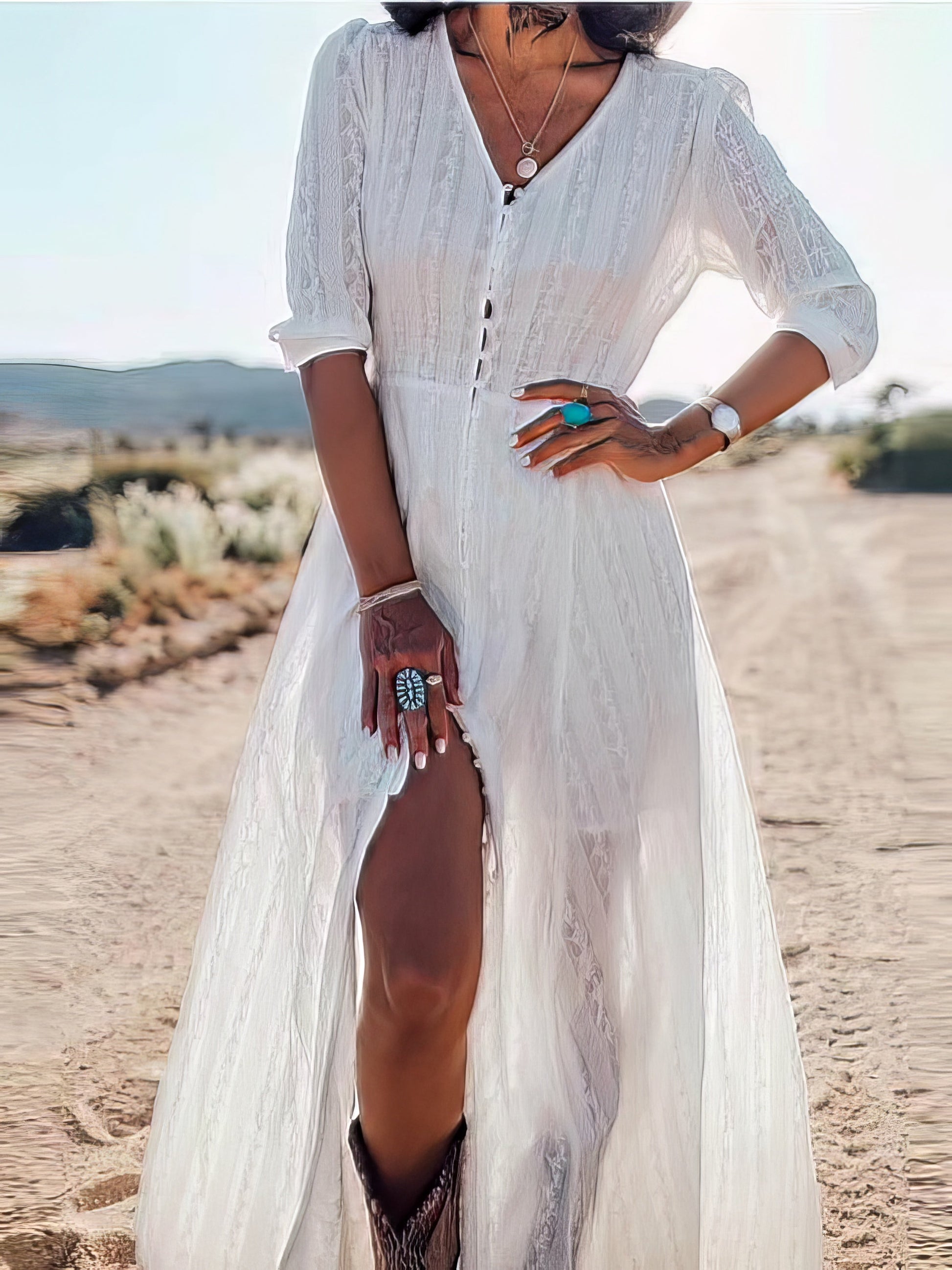 Maxi Dresses - V-neck Mid-sleeve Buttoned Beach Dress - MsDressly