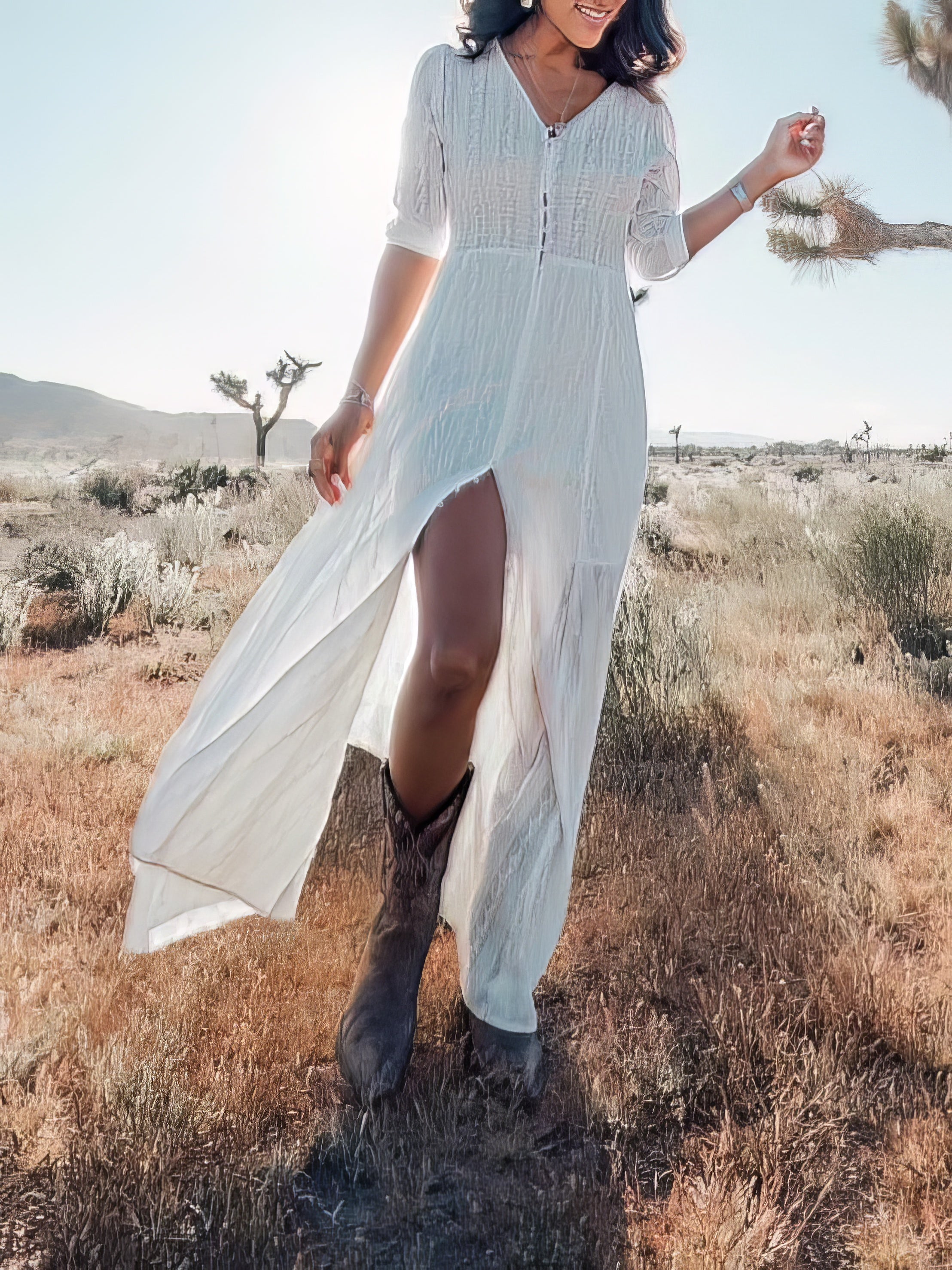 Maxi Dresses - V-neck Mid-sleeve Buttoned Beach Dress - MsDressly