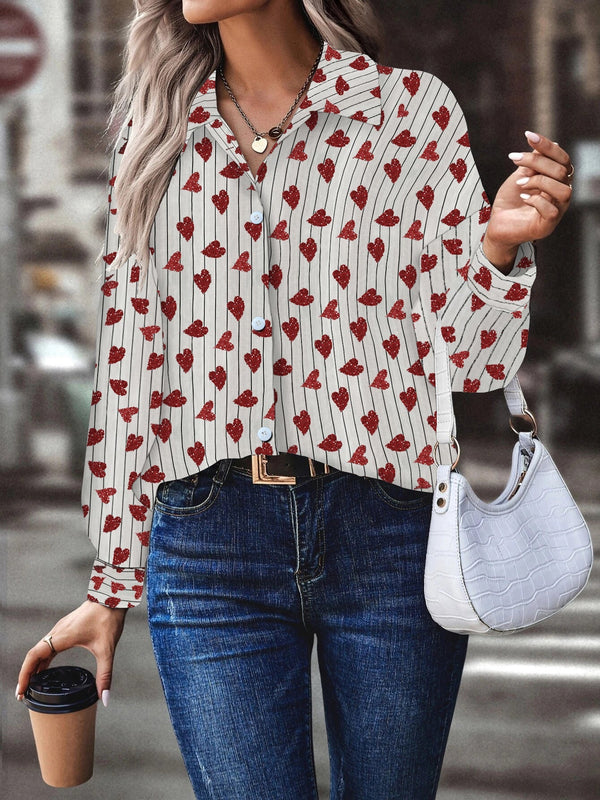 Women's Blouses Heart Printed Single Breasted Long Sleeve Blouse - Blouses - Instastyled | Online Fashion Free Shipping Clothing, Dresses, Tops, Shoes - 11/10/2022 - BLO2210111893 - Blouses