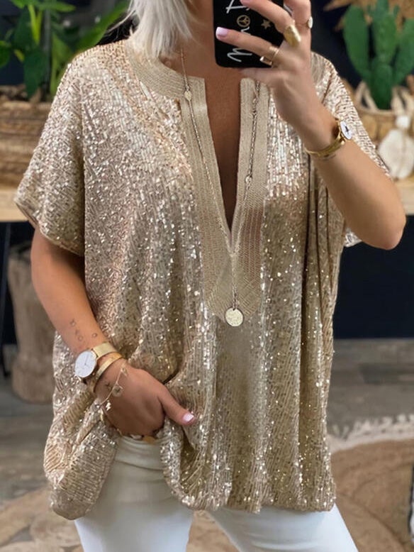 Women's Blouses Sequined V-Neck Short Sleeve Casual Blouse - Blouses - Instastyled | Online Fashion Free Shipping Clothing, Dresses, Tops, Shoes - 28/12/2021 - 40-50 - BLO2112291512