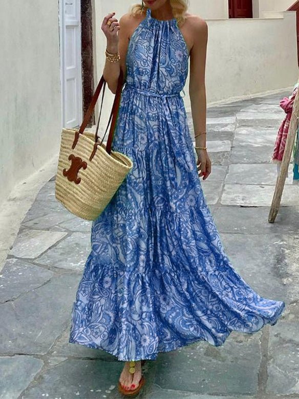 Maxi Dresses - Boho Print Halterneck Sleeveless Dress - MsDressly