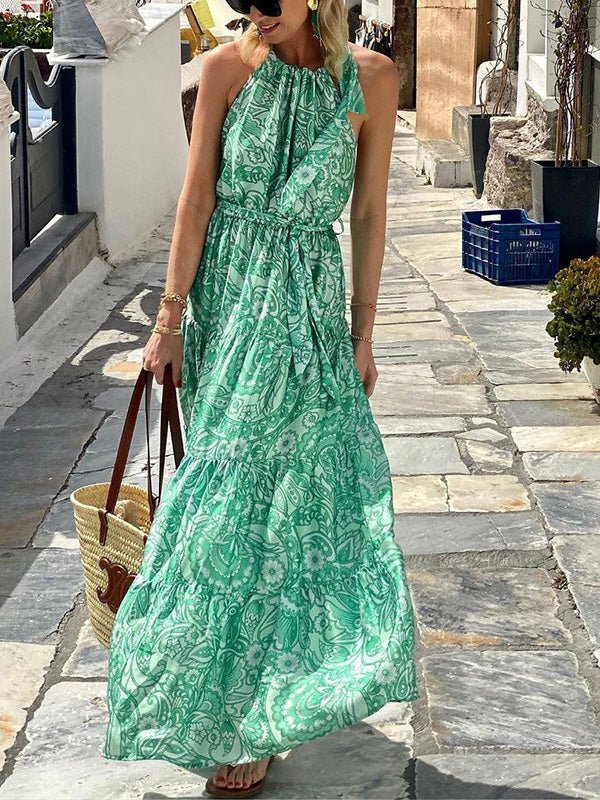 Maxi Dresses - Boho Print Halterneck Sleeveless Dress - MsDressly