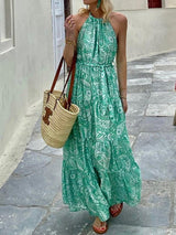 Maxi Dresses - Boho Print Halterneck Sleeveless Dress - MsDressly