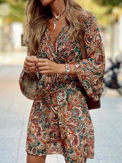 Women's Dresses Loose Vintage Print Short Sleeve Dress - Mini Dresses - Instastyled | Online Fashion Free Shipping Clothing, Dresses, Tops, Shoes - 26/07/2022 - Color_Brown - Color_Red