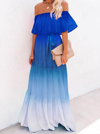 Maxi Dresses - One-Shoulder Tie-Dye Ruffled Lace-Up Dress - MsDressly