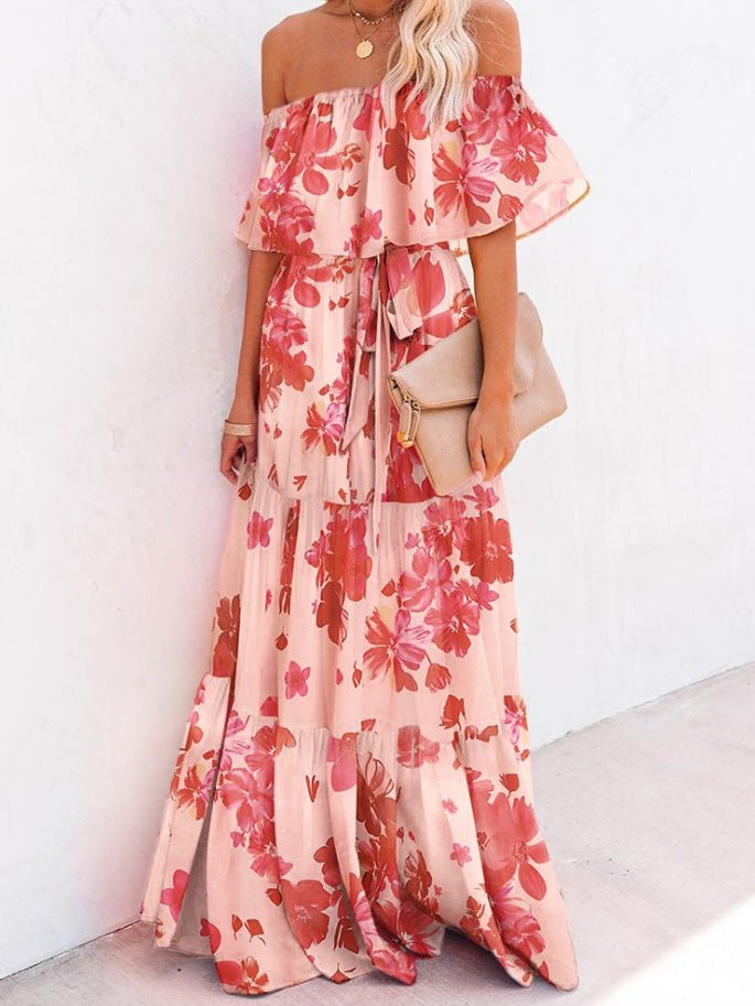 Maxi Dresses - One-Shoulder Tie-Dye Ruffled Lace-Up Dress - MsDressly