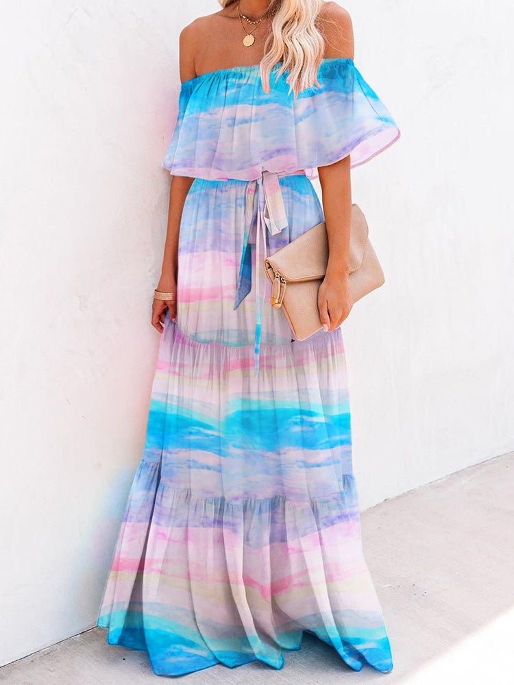 Maxi Dresses - One-Shoulder Tie-Dye Ruffled Lace-Up Dress - MsDressly