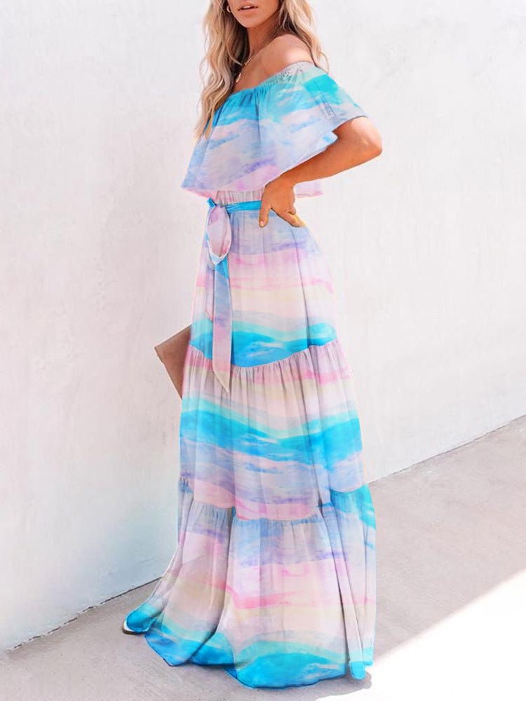 Maxi Dresses - One-Shoulder Tie-Dye Ruffled Lace-Up Dress - MsDressly