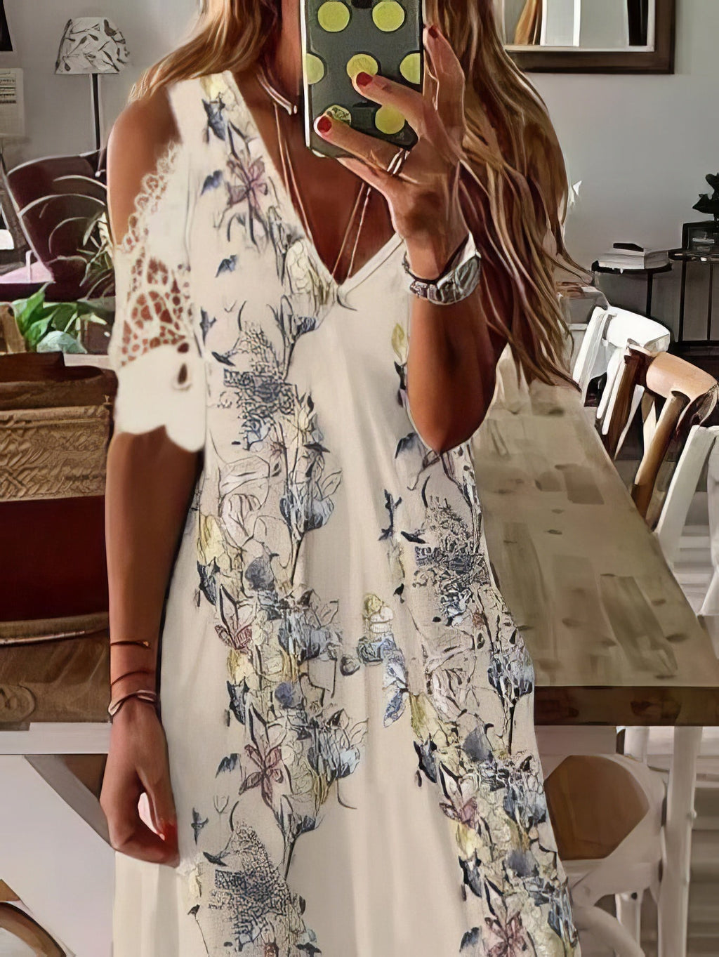 Maxi Dresses - Printed V-Neck Off-Shoulder Short Sleeve Dress - MsDressly