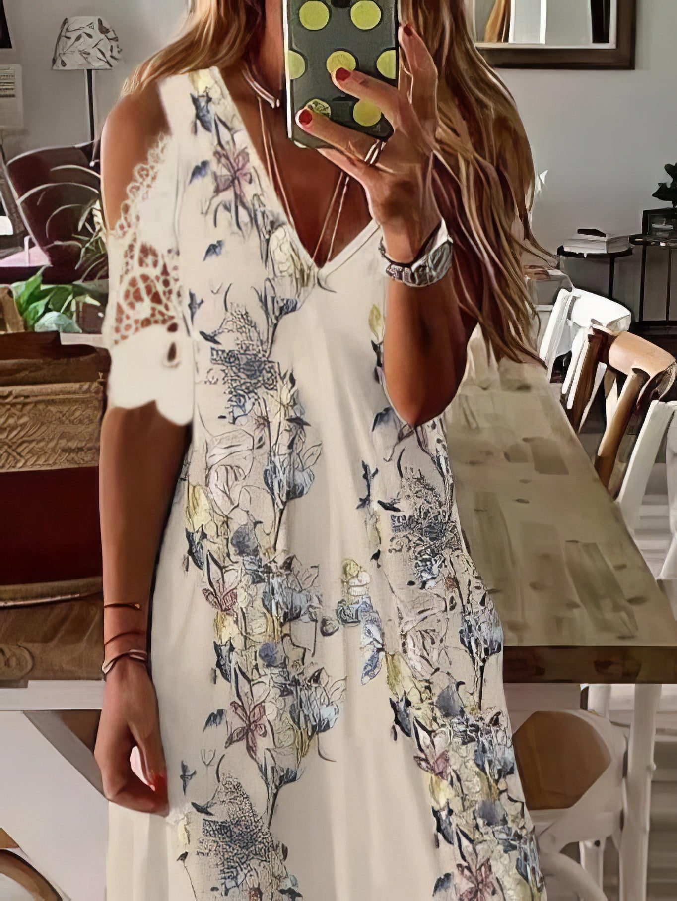 Maxi Dresses - Printed V-Neck Off-Shoulder Short Sleeve Dress - MsDressly