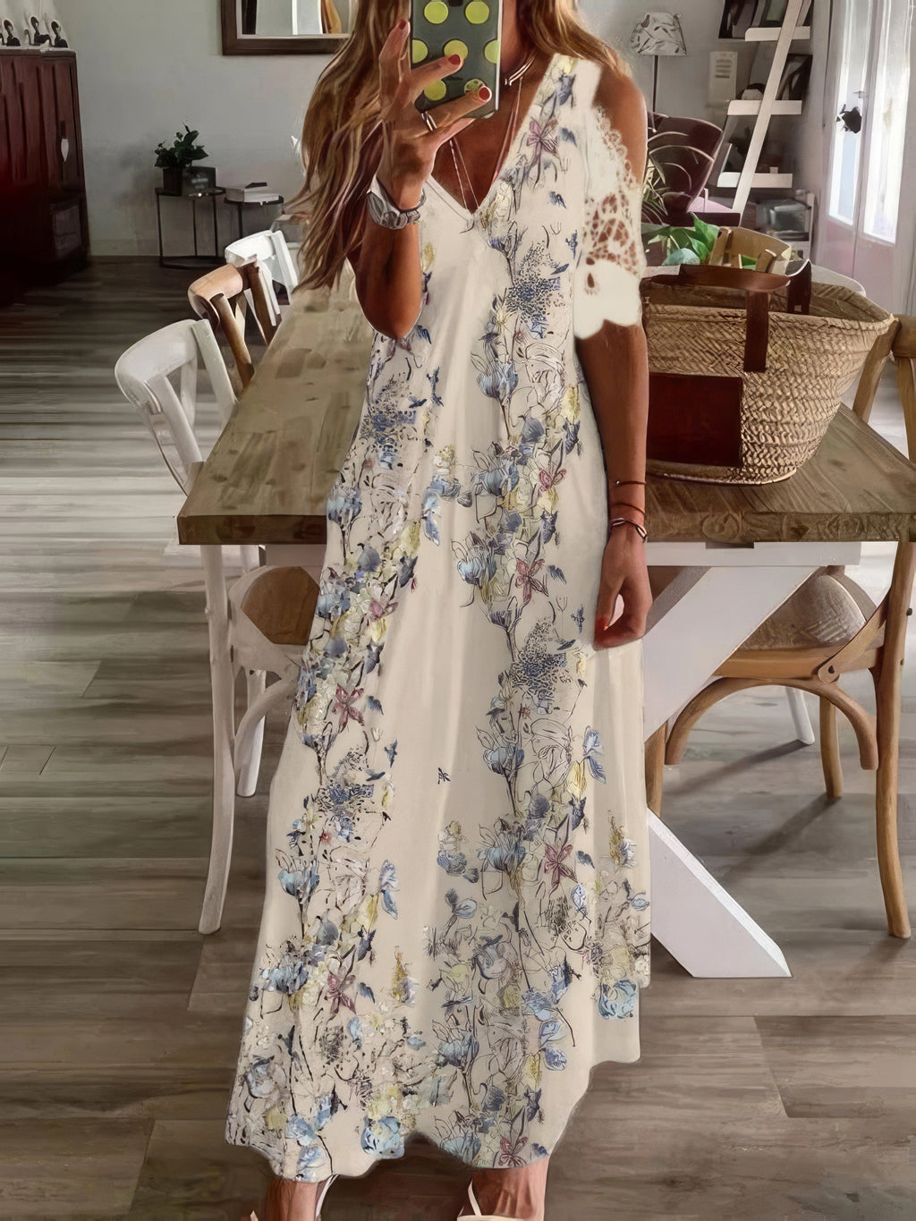 Maxi Dresses - Printed V-Neck Off-Shoulder Short Sleeve Dress - MsDressly
