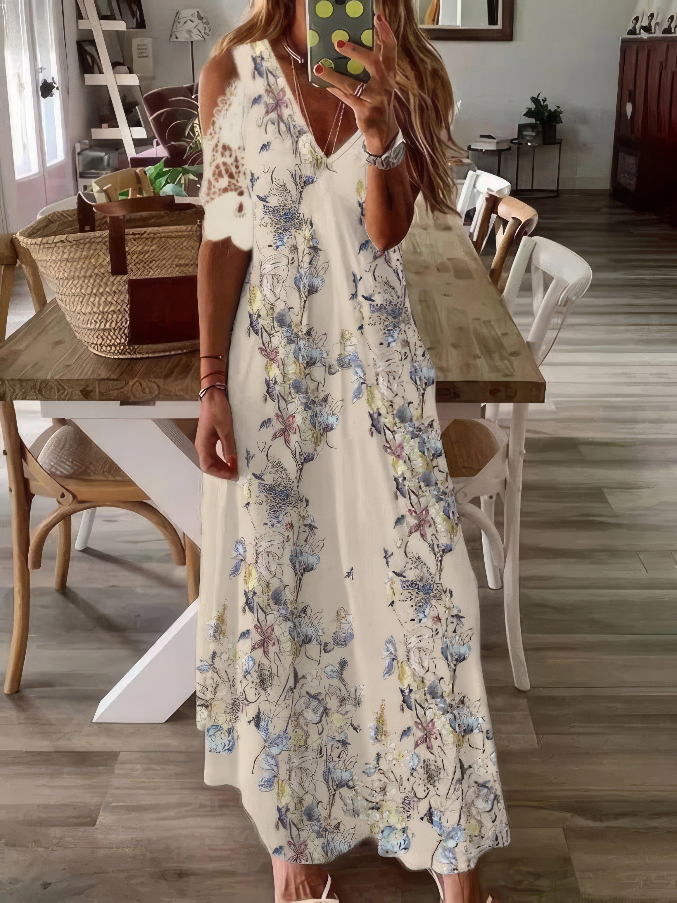 Maxi Dresses - Printed V-Neck Off-Shoulder Short Sleeve Dress - MsDressly