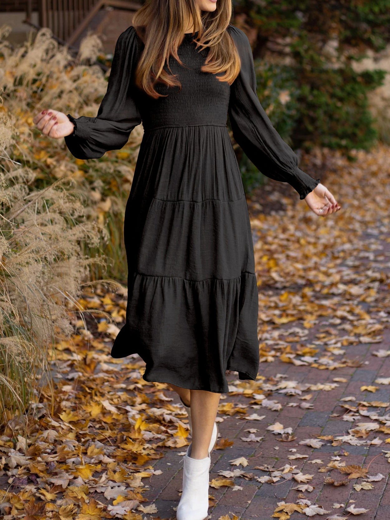 Women's Dresses Solid Round Neck Balloon Sleeve Dress - Maxi Dresses - Instastyled | Online Fashion Free Shipping Clothing, Dresses, Tops, Shoes - 19/09/2022 - Casual Dresses - Color_Black