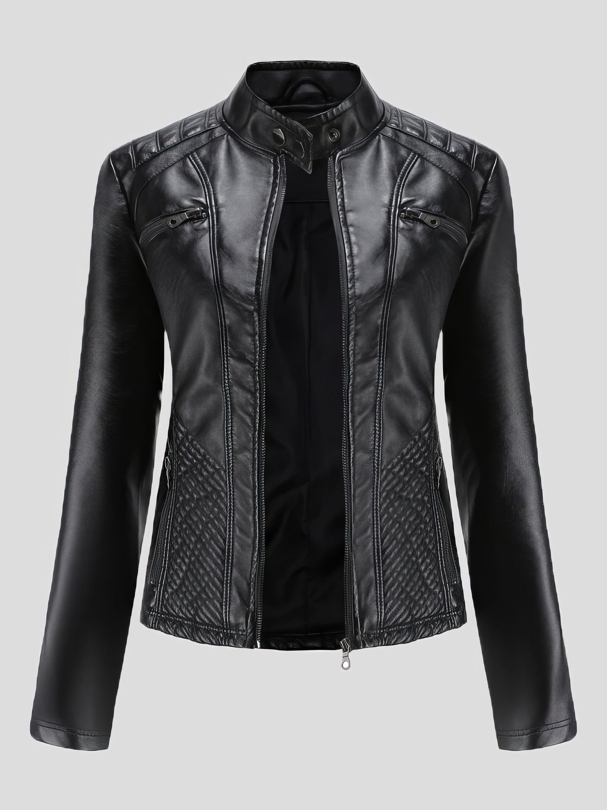 Jackets - Casual Stand-Collar Slim Solid Leather Jacket - MsDressly