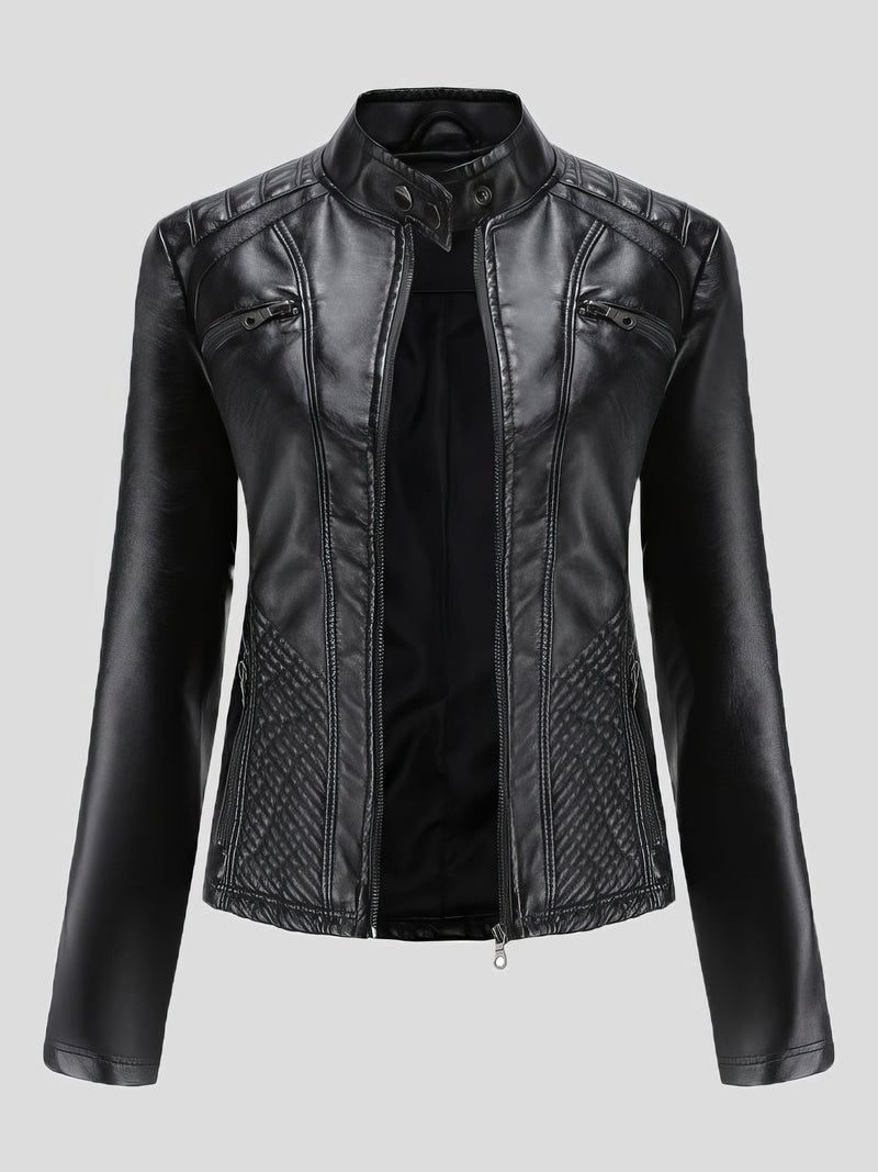 Jackets - Casual Stand-Collar Slim Solid Leather Jacket - MsDressly