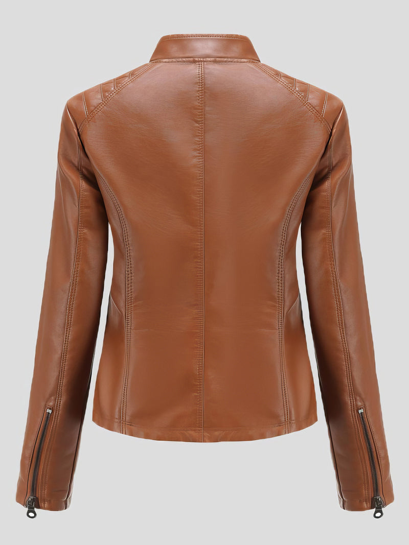 Jackets - Casual Stand-Collar Slim Solid Leather Jacket - MsDressly