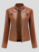 Jackets - Casual Stand-Collar Slim Solid Leather Jacket - MsDressly