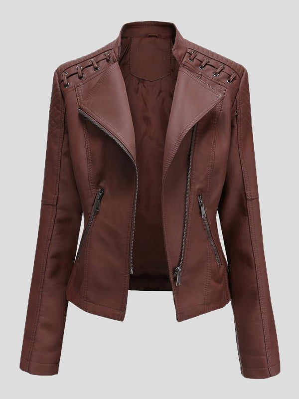 Jackets - Short Slim Leather Motorcycle Jacket - MsDressly