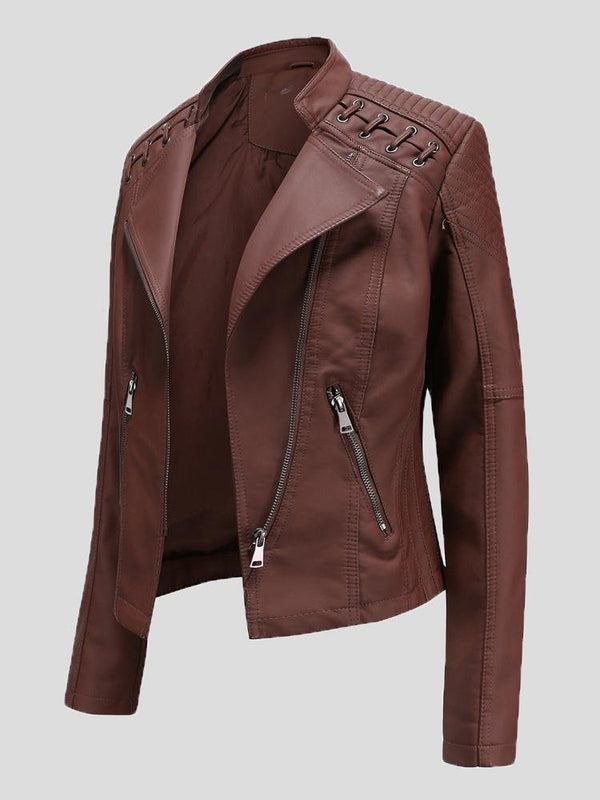 Jackets - Short Slim Leather Motorcycle Jacket - MsDressly