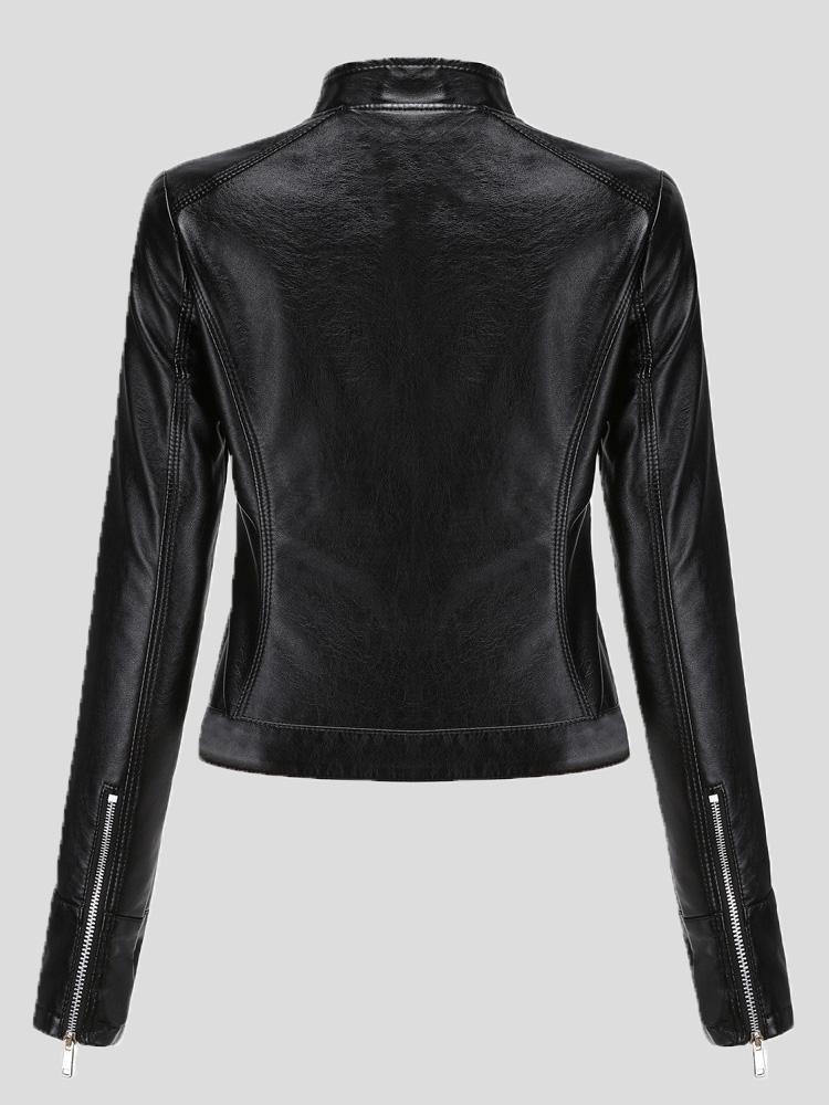 Women's Jackets Short Stand-Up Collar Zipped Leather Jacket - Coats & Jackets - INS | Online Fashion Free Shipping Clothing, Dresses, Tops, Shoes - 26/08/2021 - Coats & Jackets - color-black