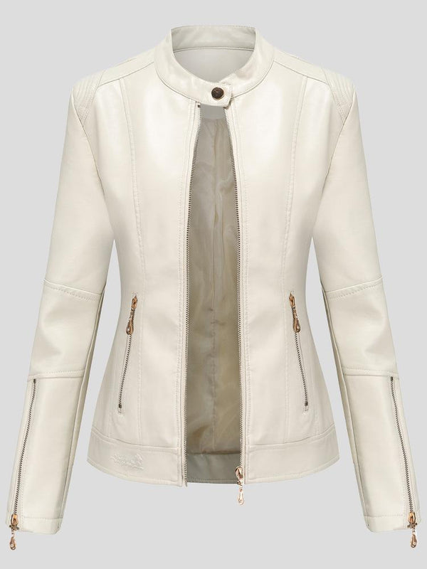 Jackets - Stand-Up Collar Zipper PU Leather Jacket - MsDressly