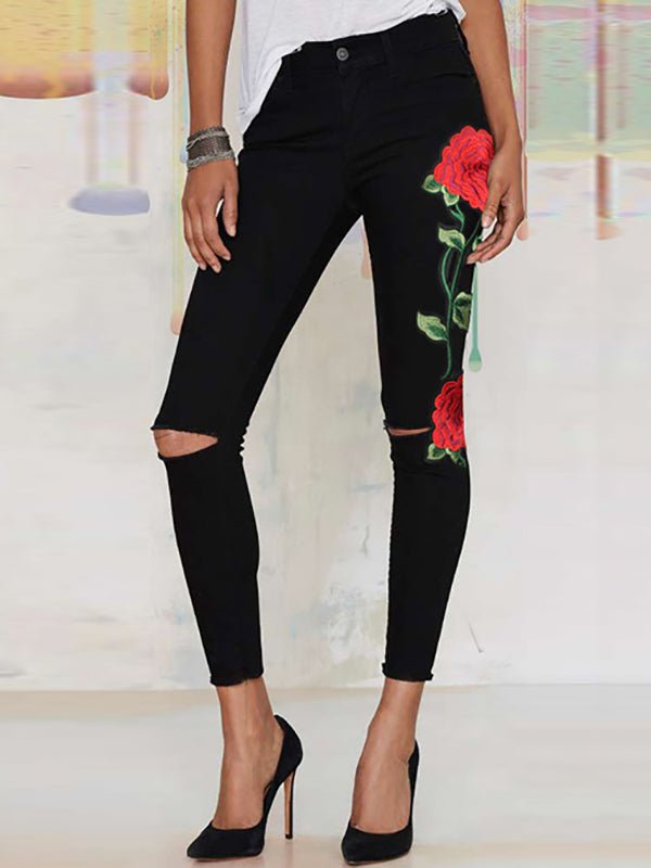 Women's Pants Denim Embroidered High Waist Jeans - Jeans - Instastyled | Online Fashion Free Shipping Clothing, Dresses, Tops, Shoes - 8/11/2022 - Bottoms - Color_ Black