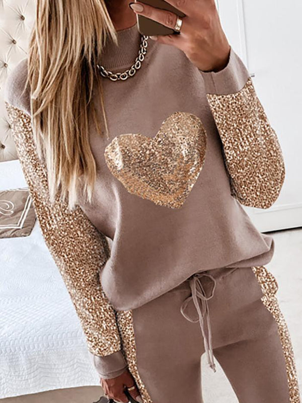 Women's Sets Love Sequined Long Sleeve Elastic Pants Casual Two-Piece Suit - Sets - INS | Online Fashion Free Shipping Clothing, Dresses, Tops, Shoes - 25/10/2021 - 30-40 - Bottoms