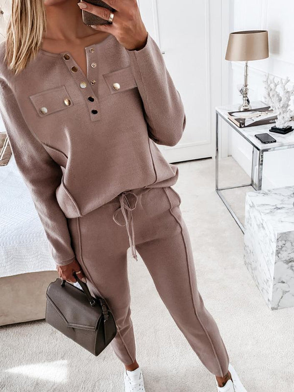 Women's Sets Round Neck Button Long Sleeve Top& Trousers Two-Piece Suit - Sets - INS | Online Fashion Free Shipping Clothing, Dresses, Tops, Shoes - 11/11/2021 - 40-50 - Bottoms
