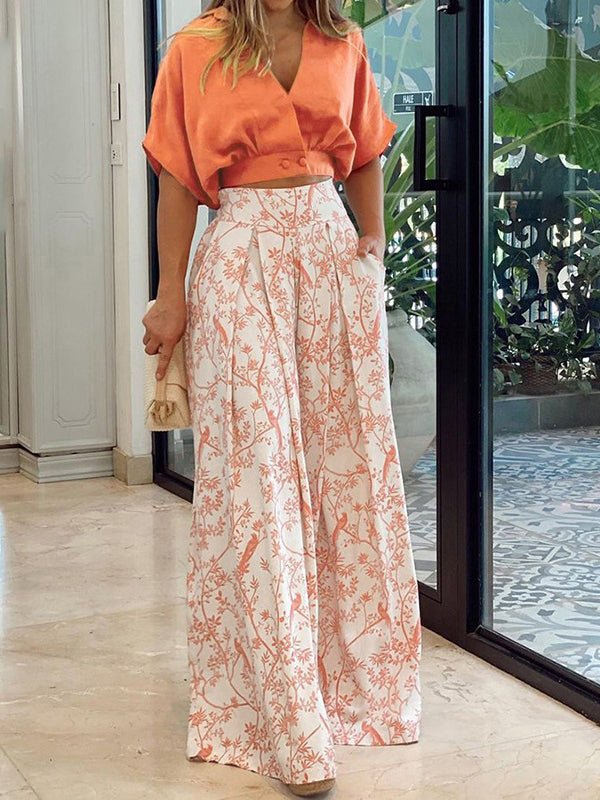 Women's Sets V-Neck Crop Top & Printed Wide-Leg Pants Two-Piece Set - Sets - Instastyled | Online Fashion Free Shipping Clothing, Dresses, Tops, Shoes - 19/05/2022 - 30-40 - Bottoms