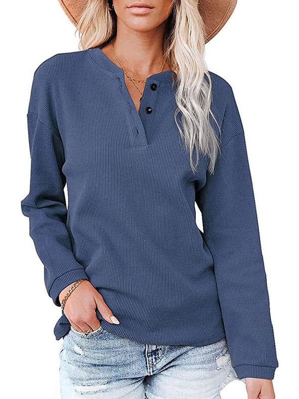 Women's T-Shirts V Neck Button Solid Color Long Sleeve T-Shirt - T-Shirts - Instastyled | Online Fashion Free Shipping Clothing, Dresses, Tops, Shoes - 14/1/2023 - Color_Black - Color_Blue